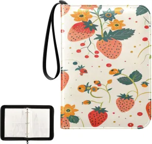 Colorful Strawberry Collectible Trading Card Albums, Waterproof PU Card Collection Binder Fits 400 Cards with Removable Sleeves for Baseball Card, Football Card
