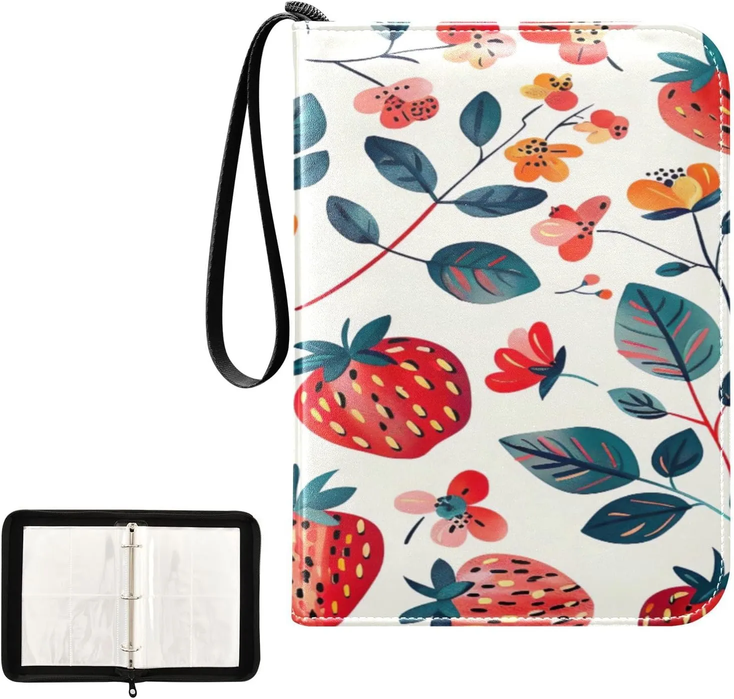 Colorful Strawberry Collectible Trading Card Albums, Waterproof PU Card Collection Binder Fits 400 Cards with Removable Sleeves for Baseball Card, Football Card