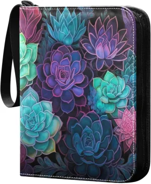 Colorful Succulents Card Binder 4-Pocket, 400 Pockets Card Holder with 50 Removable Sleeves and Zipper for Games Baseball Football Sports Card