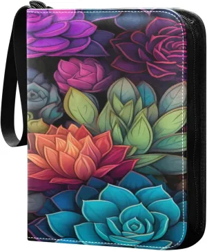 Colorful Succulents Card Binder 4-Pocket, 400 Pockets Trading Cards Holder Games Card Albums Storage Organizer Case for Football, Baseball Cards