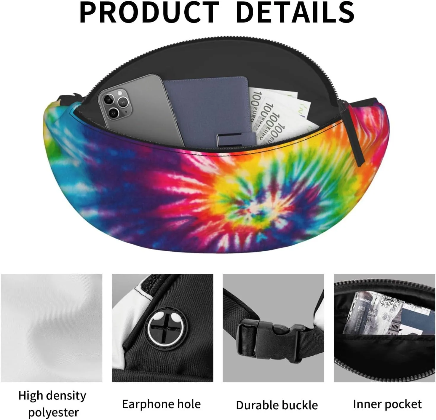 Colorful Tie Dye Rainbow Fashion Casual Fanny Pack Waist Bag Men Women Adjustable Belt Waist Bag For Travel Hiking Cycling Running Festival Carnival