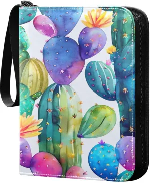 Colorful Watercolor Cactus Card Binder 4-Pocket, 400 Pockets Trading Cards Holder Games Card Albums Storage Organizer Case for Football, Baseball Cards