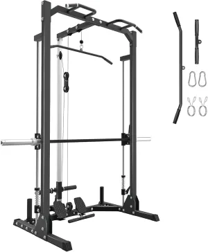 Compact Smith Machine Home Gym - 800lb Barbell Sleeve, Space-Saving Power Cage with LAT Pulldown, Power Rack 5-in-1, 1500lb Capacity for Garage & Small Spaces, P70