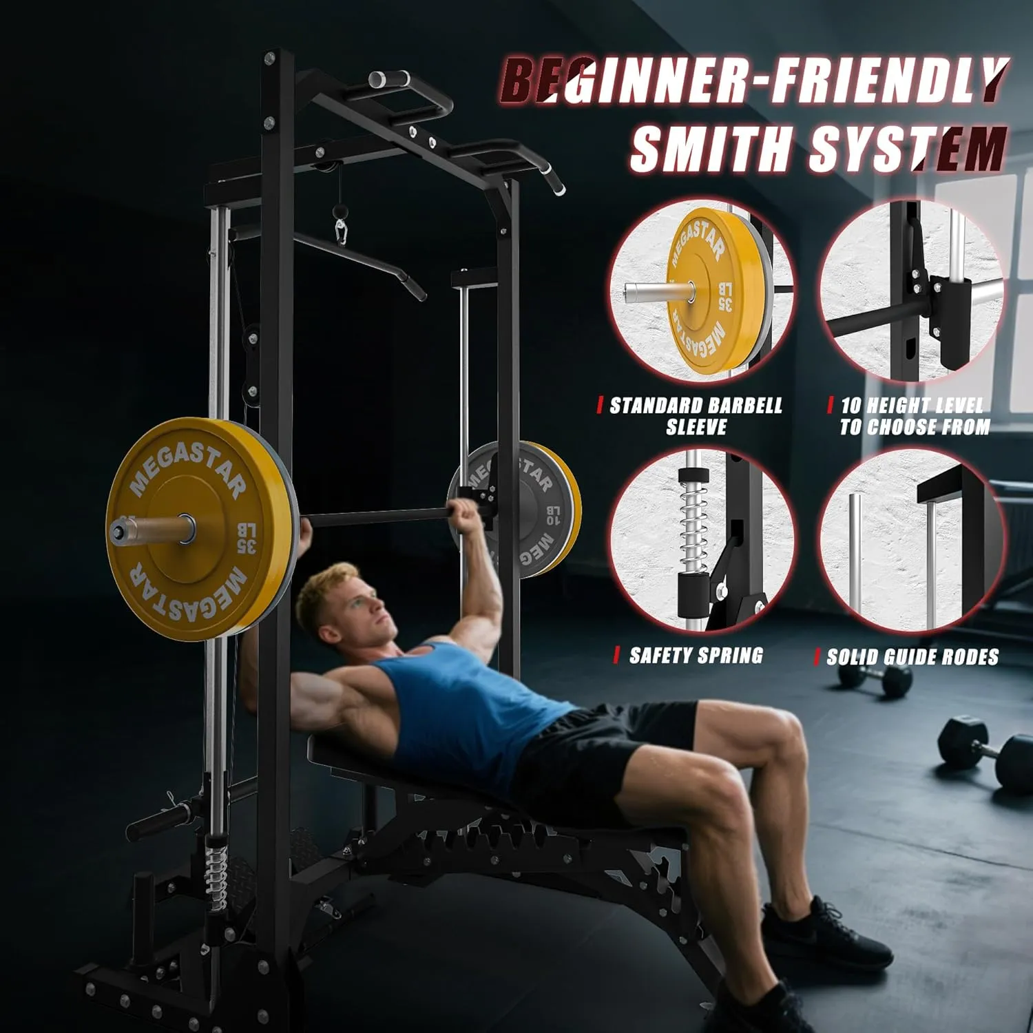 Compact Smith Machine Home Gym - 800lb Barbell Sleeve, Space-Saving Power Cage with LAT Pulldown, Power Rack 5-in-1, 1500lb Capacity for Garage & Small Spaces, P70