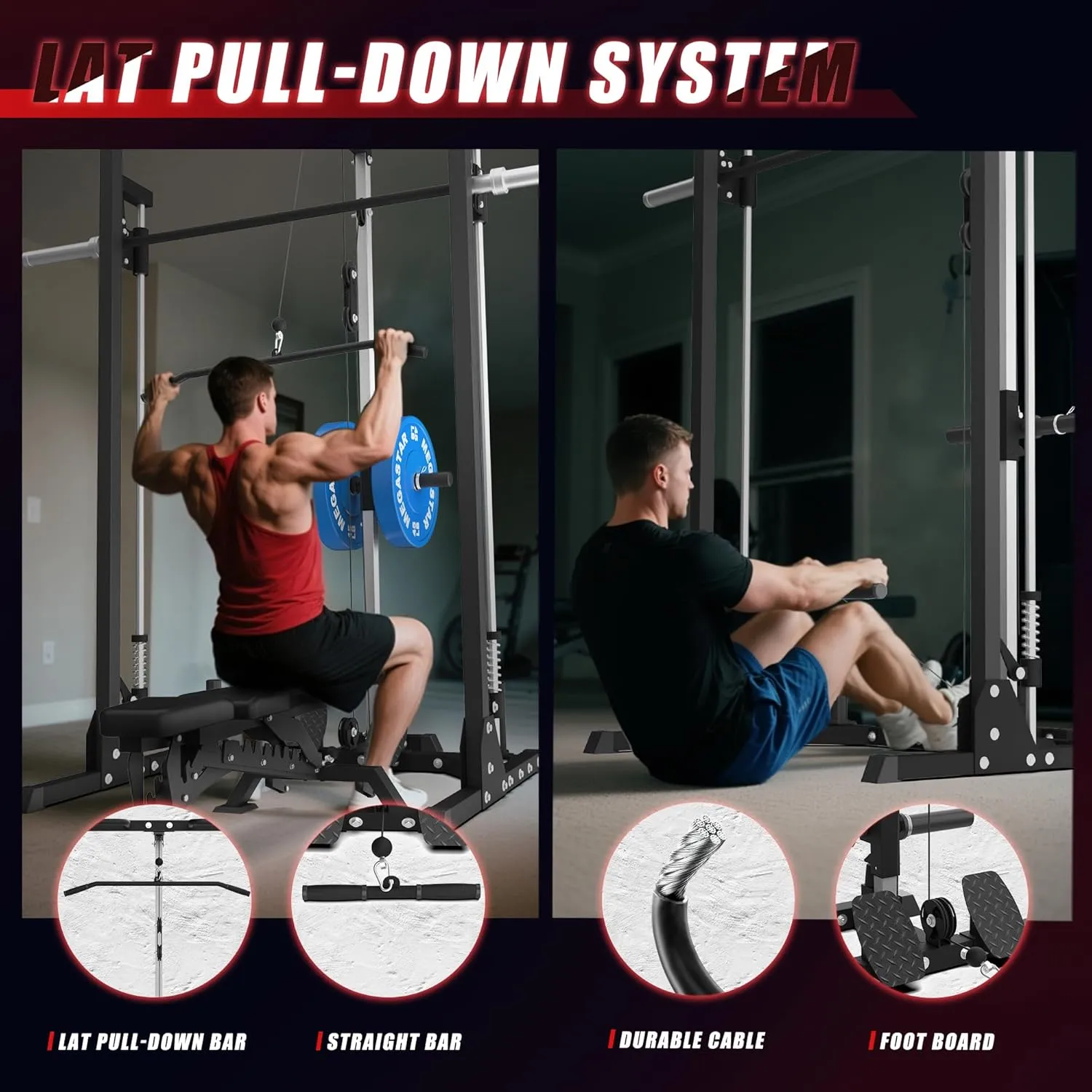 Compact Smith Machine Home Gym - 800lb Barbell Sleeve, Space-Saving Power Cage with LAT Pulldown, Power Rack 5-in-1, 1500lb Capacity for Garage & Small Spaces, P70