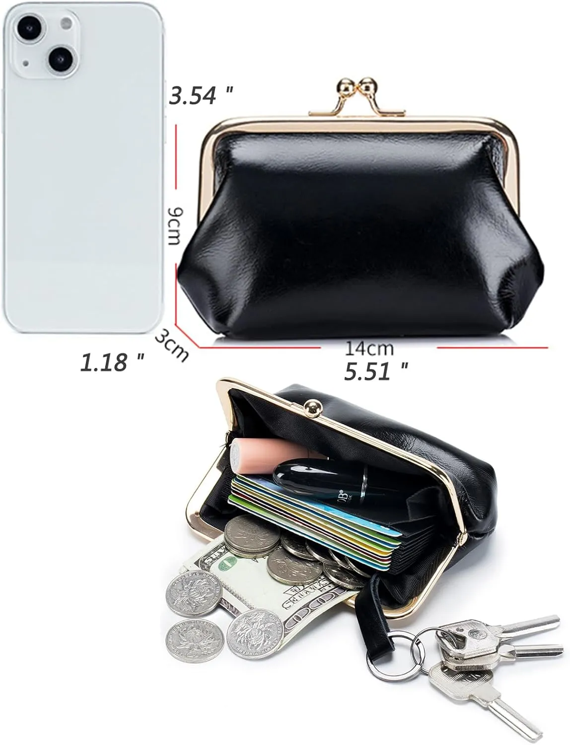 Compartment Kiss Lock Coin Purses with Card Slot Vintage Genuine Leather Mini Coin Pouch Women Small Change Purse (Black)