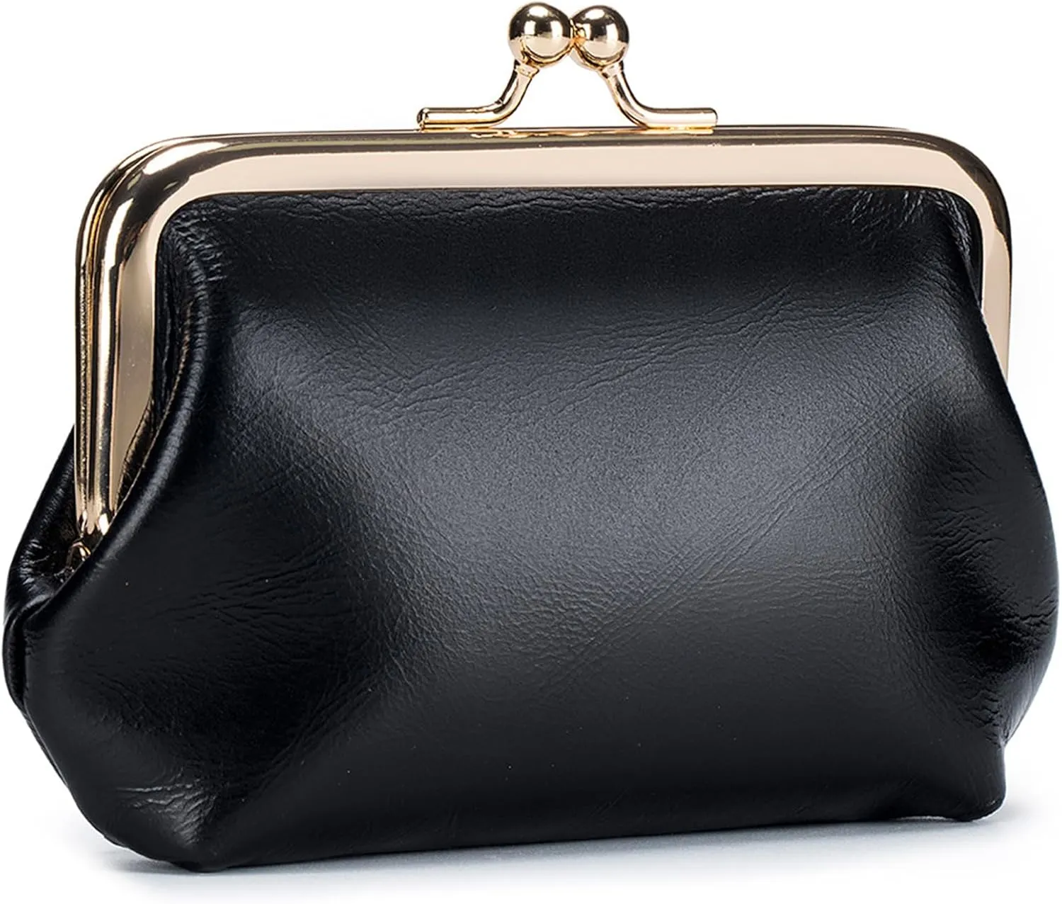 Compartment Kiss Lock Coin Purses with Card Slot Vintage Genuine Leather Mini Coin Pouch Women Small Change Purse (Black)