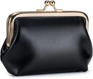 Compartment Kiss Lock Coin Purses with Card Slot Vintage Genuine Leather Mini Coin Pouch Women Small Change Purse (Black)