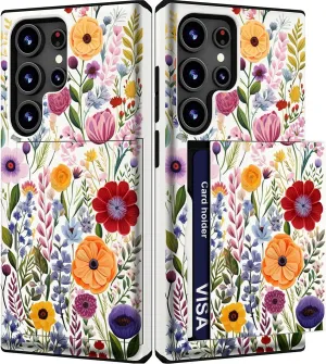 Compatible with Samsung Galaxy S24 Ultra Case Cute with Card Holder/Shockproof Slim Slot Wallet Phone Case/Watercolor Summer Blooming Floral Flower Meadow Natural