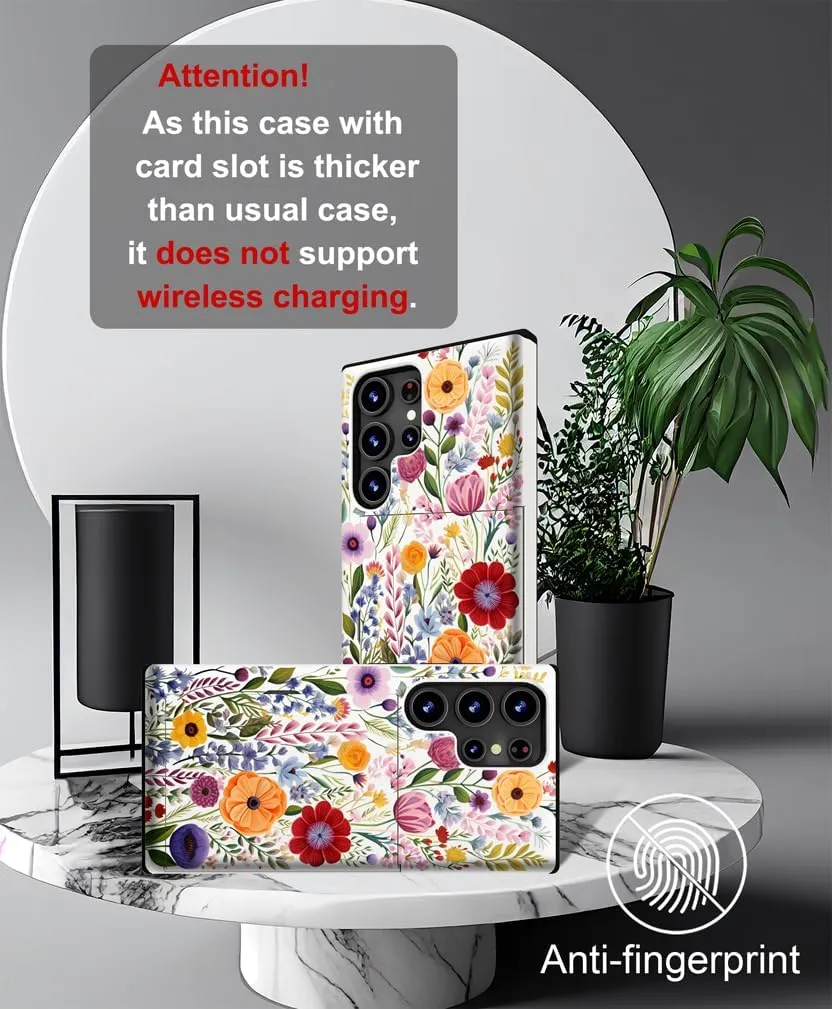 Compatible with Samsung Galaxy S24 Ultra Case Cute with Card Holder/Shockproof Slim Slot Wallet Phone Case/Watercolor Summer Blooming Floral Flower Meadow Natural