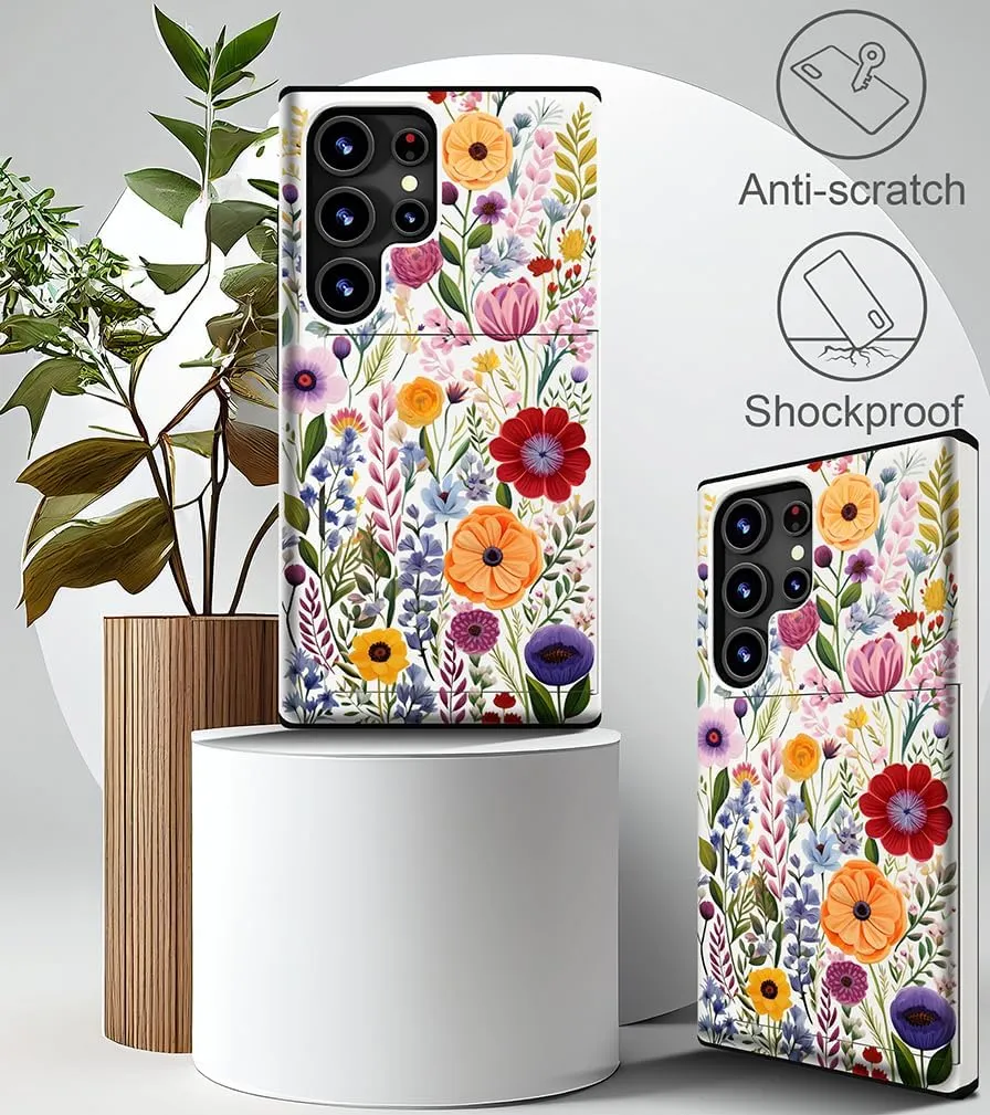 Compatible with Samsung Galaxy S24 Ultra Case Cute with Card Holder/Shockproof Slim Slot Wallet Phone Case/Watercolor Summer Blooming Floral Flower Meadow Natural