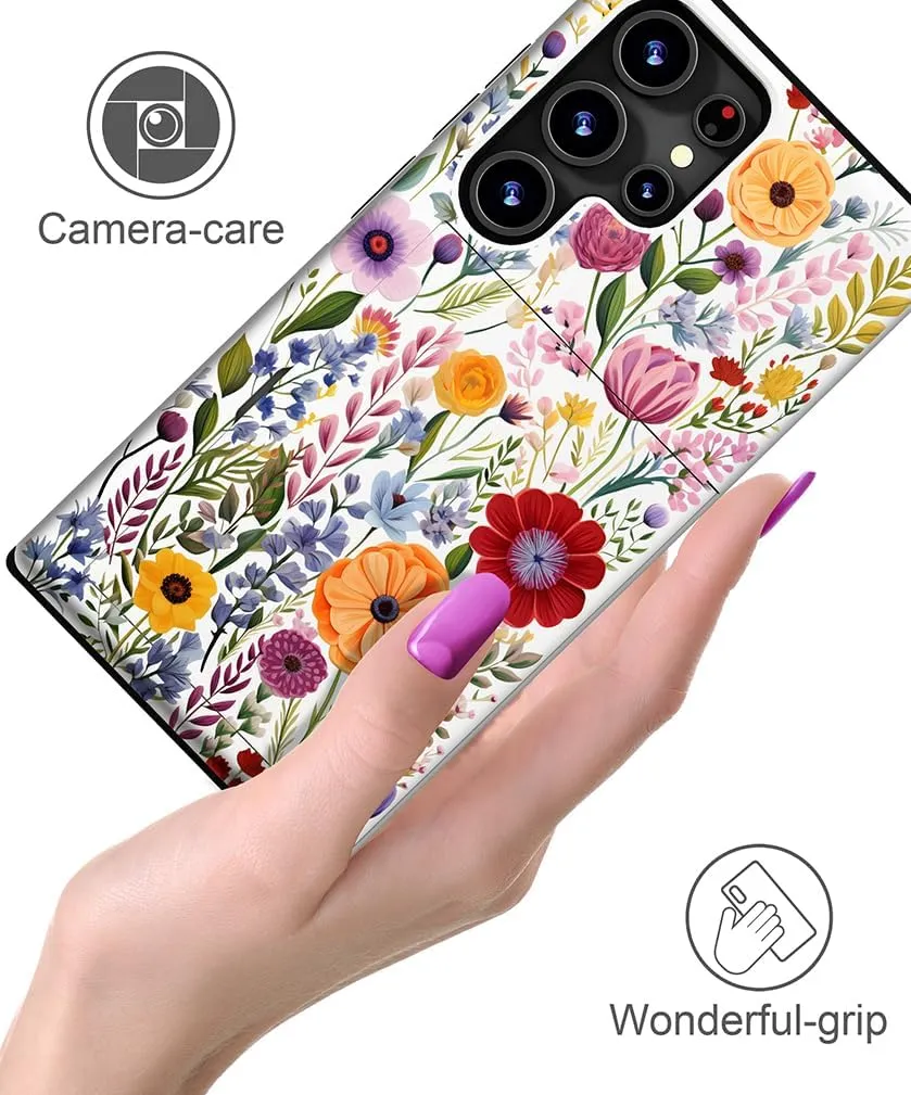 Compatible with Samsung Galaxy S24 Ultra Case Cute with Card Holder/Shockproof Slim Slot Wallet Phone Case/Watercolor Summer Blooming Floral Flower Meadow Natural