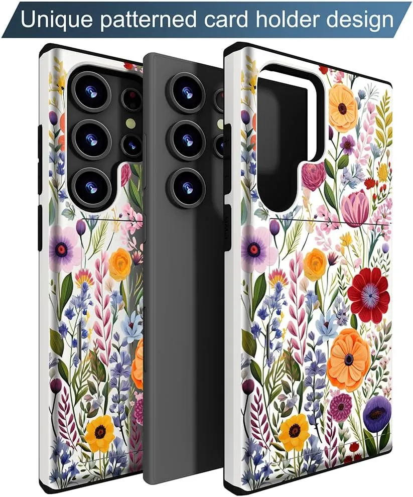 Compatible with Samsung Galaxy S24 Ultra Case Cute with Card Holder/Shockproof Slim Slot Wallet Phone Case/Watercolor Summer Blooming Floral Flower Meadow Natural