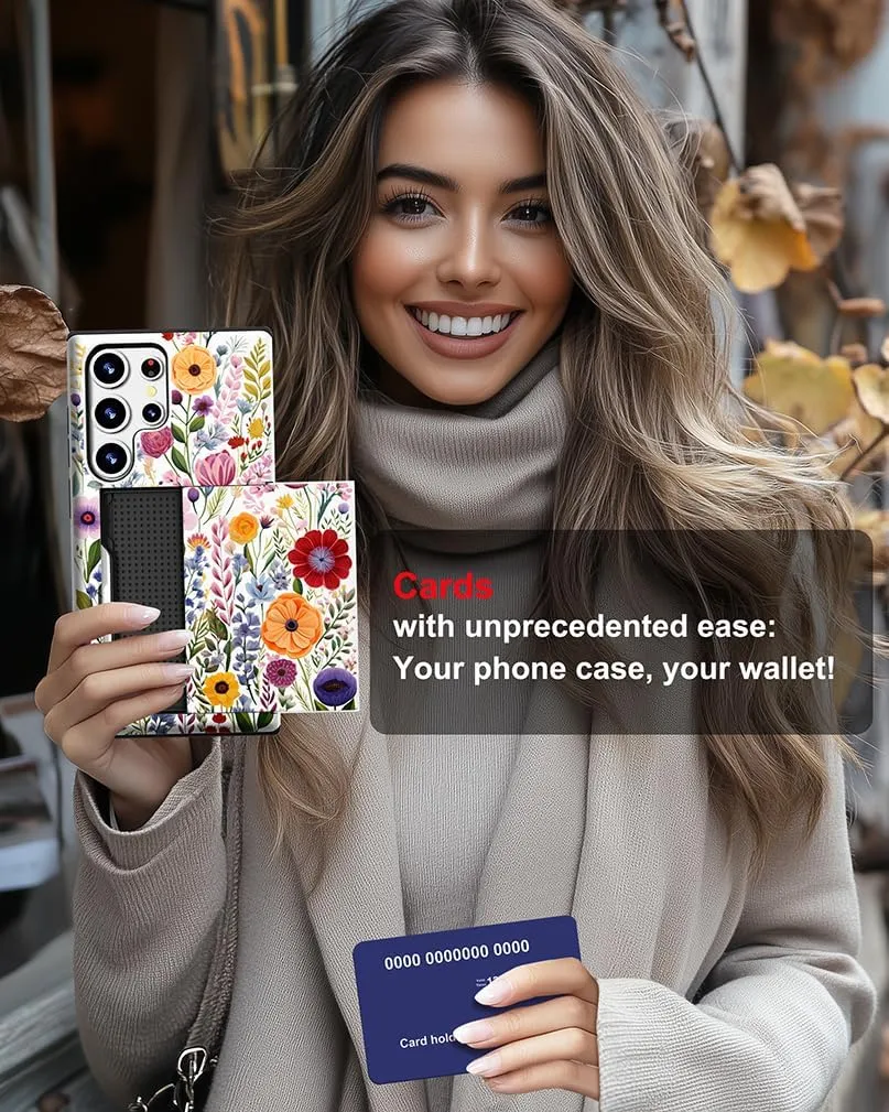 Compatible with Samsung Galaxy S24 Ultra Case Cute with Card Holder/Shockproof Slim Slot Wallet Phone Case/Watercolor Summer Blooming Floral Flower Meadow Natural