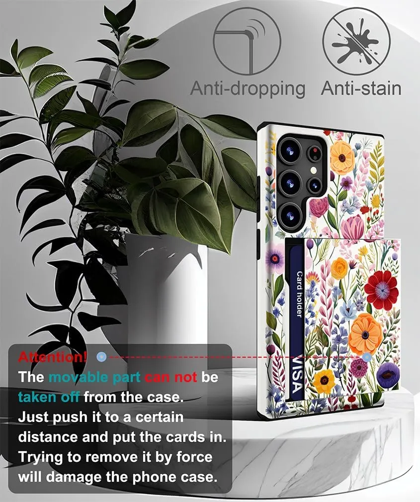 Compatible with Samsung Galaxy S24 Ultra Case Cute with Card Holder/Shockproof Slim Slot Wallet Phone Case/Watercolor Summer Blooming Floral Flower Meadow Natural