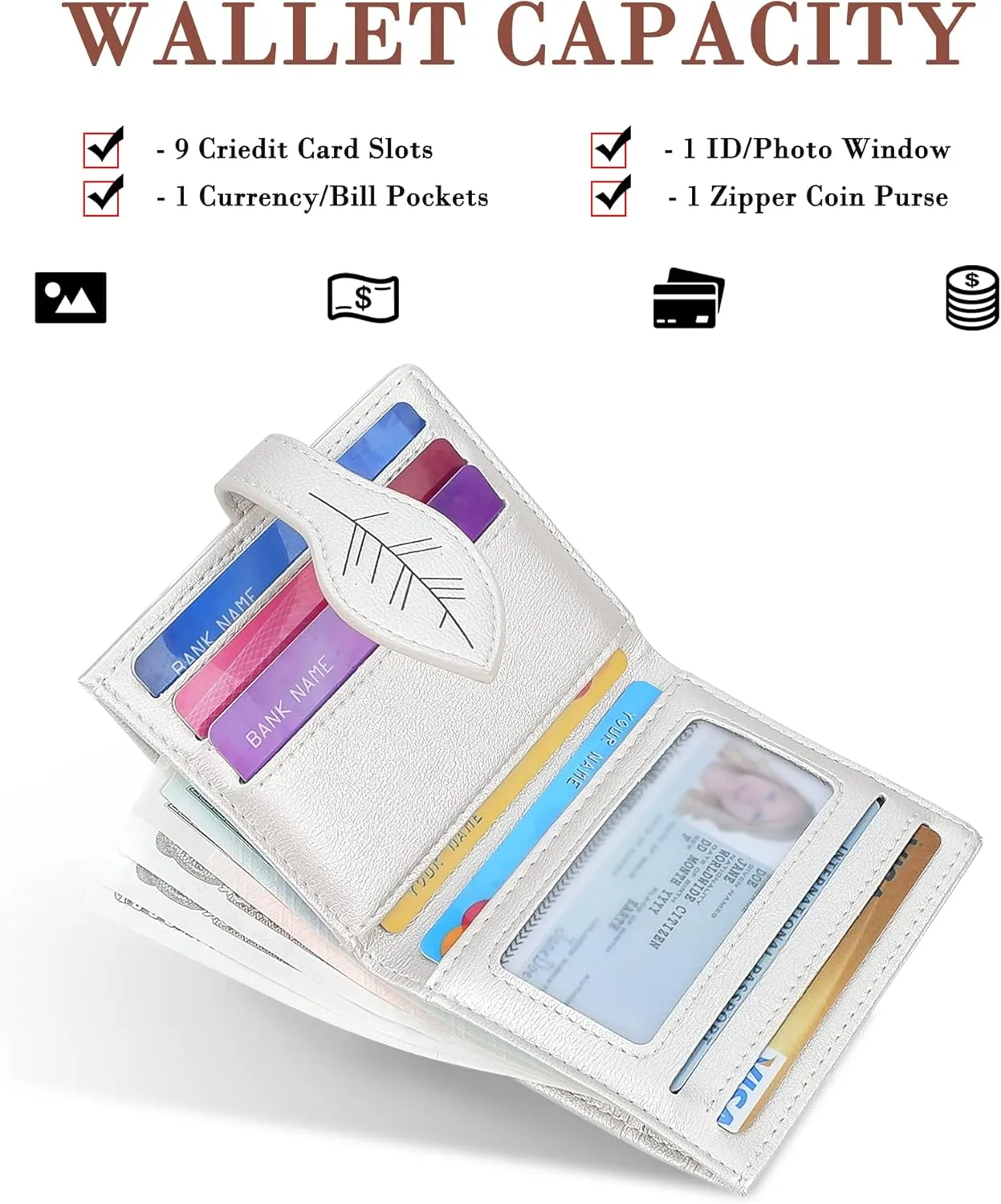 CONISY Small Wallet for Women, RFID Blocking Slim Leather Bifold Front Pocket Womens Wallet with Zipper Coin Purse (Argent)