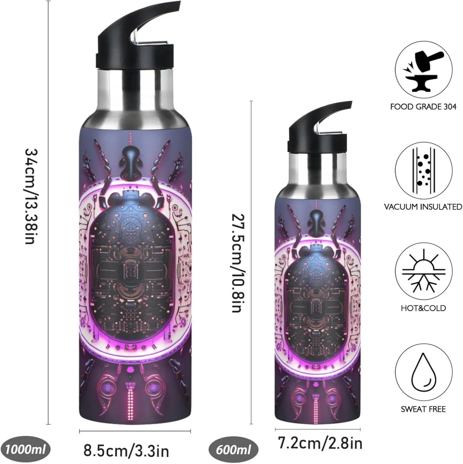 Cool Abstract Horoscope Sport Water Bottle Insulated Stainless Steel Large Vacuum Flask Leak Proof Thermos with Straw for Travel(600ml/1000ml)