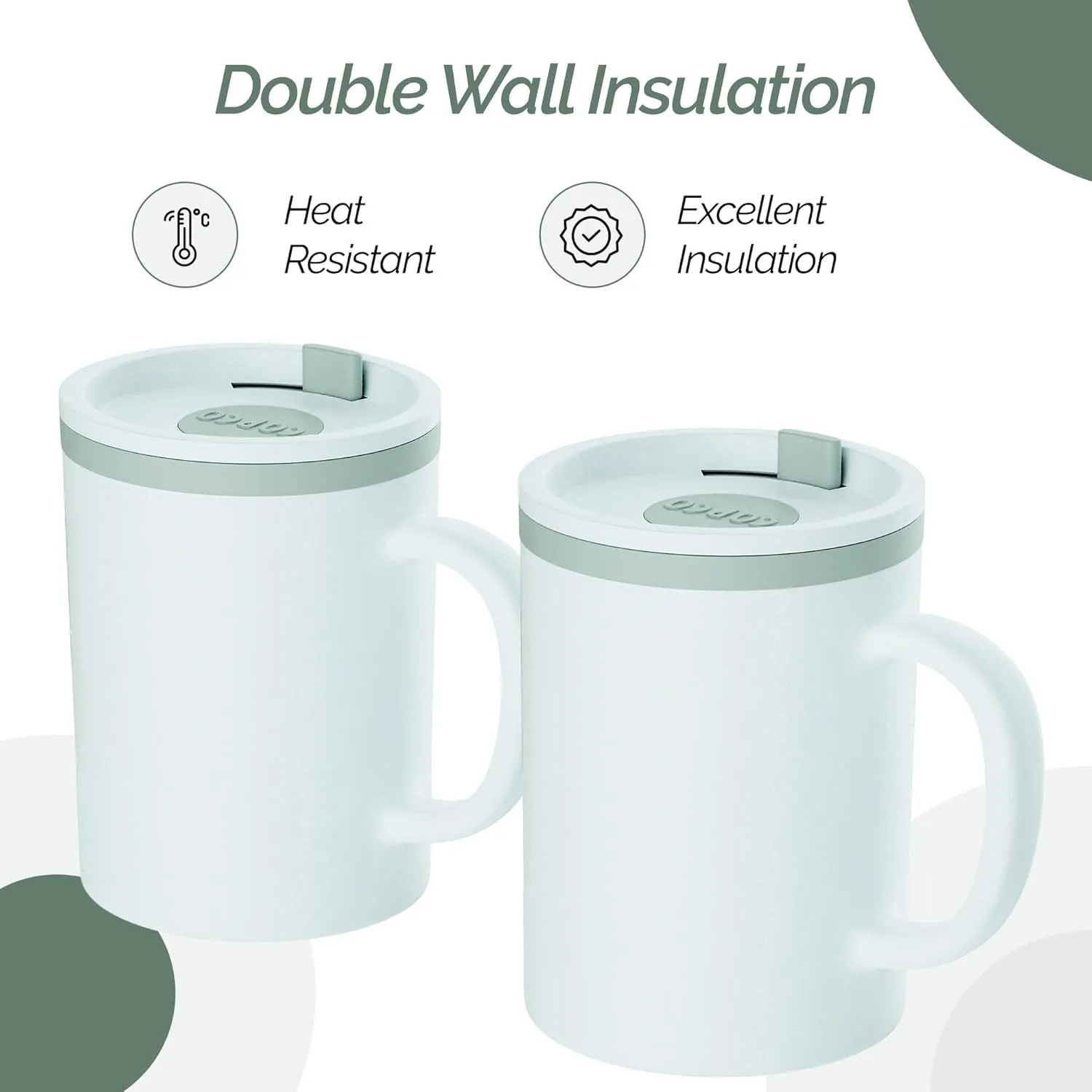 Copco Iconic 16oz Double Wall Insulated Desk Mug with Lid & Handle, Set of 2, BPA-Free Reusable Plastic, Spill-Proof, Microwave & Dishwasher Safe, Wide Mouth, Cup Holder Friendly (Grey)