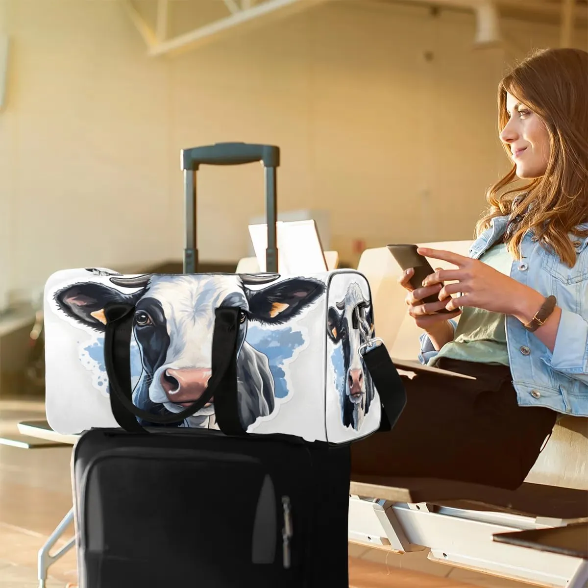 Cow Animal Travel Duffel Bag for Women Men Waterproof Foldable Overnight Weekender Bag Large Capacity Sports Gym Bag