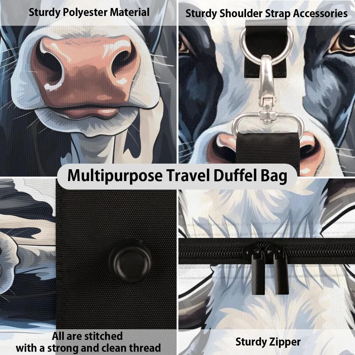 Cow Animal Travel Duffel Bag for Women Men Waterproof Foldable Overnight Weekender Bag Large Capacity Sports Gym Bag