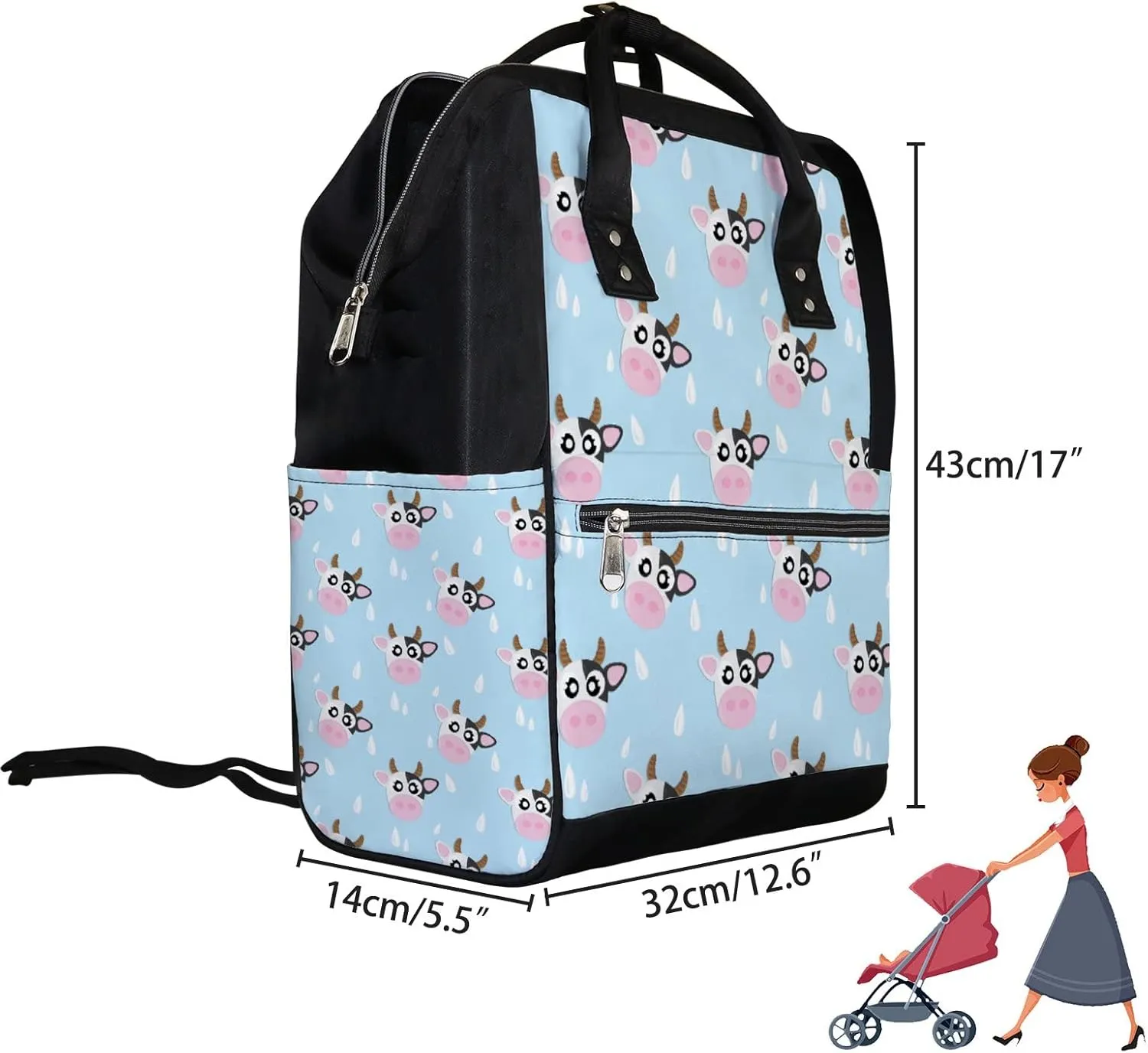 Cow Cartoon Cute Steal Diaper Bag Backpack Waterproof Backpack Baby Nappy Changing Bag for Travel Large Capacity Durable and Stylish for Woman