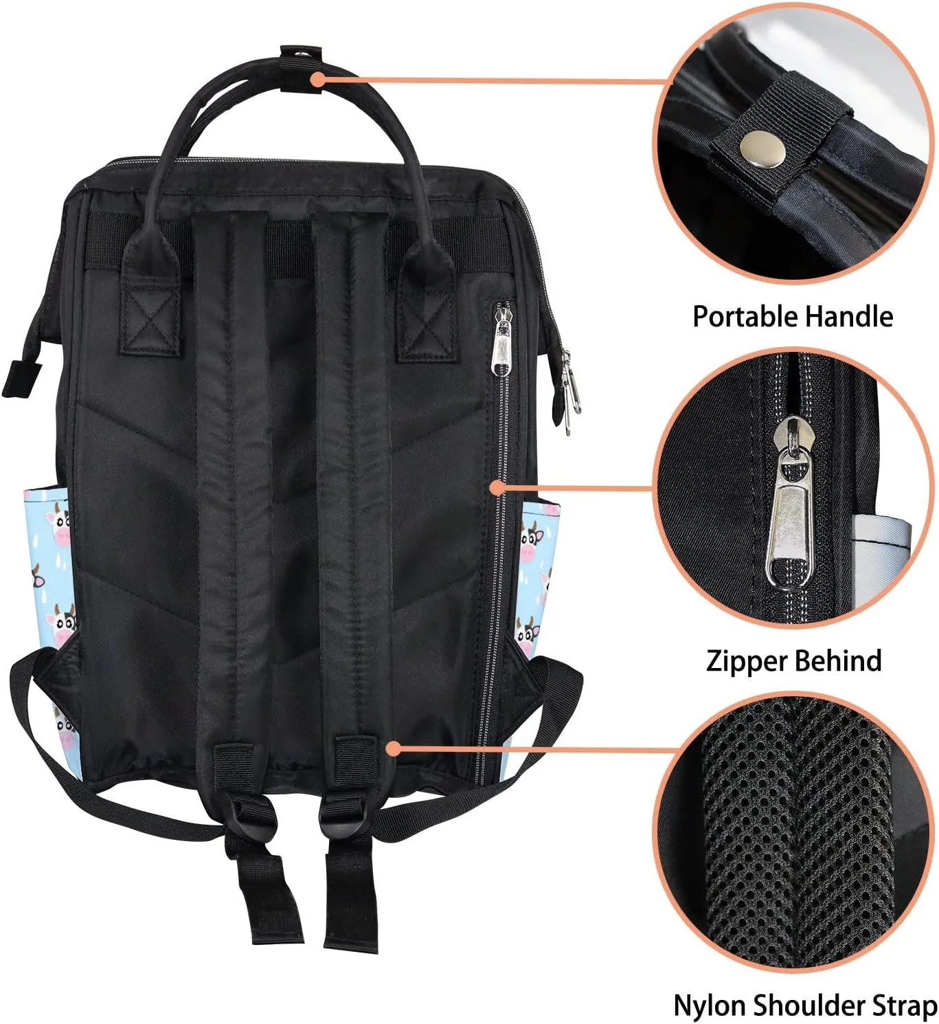 Cow Cartoon Cute Steal Diaper Bag Backpack Waterproof Backpack Baby Nappy Changing Bag for Travel Large Capacity Durable and Stylish for Woman