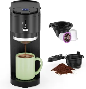 COWSAR Single Serve Coffee Maker, Two Holders for Capsule & Ground, Adjustable Funnel Height, Brew 6oz to 14oz, One-Touch Switch, Security protection, Easy to Clean, Ideal for Home/Office-Black