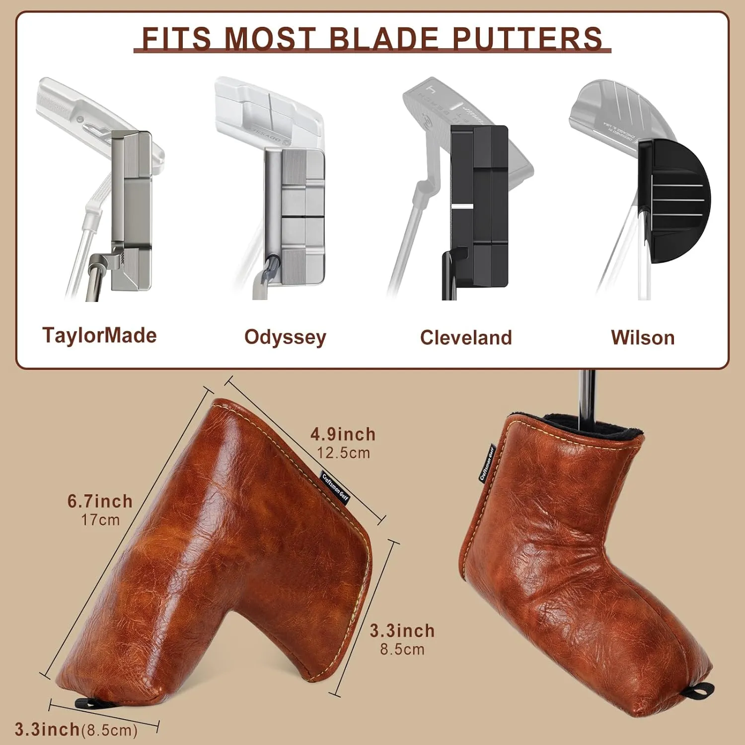 Craftsman Golf Premium Leather Brown Blade Mallet Putter Cover Driver Fairway Wood Headcover Cover Magnetic Closure