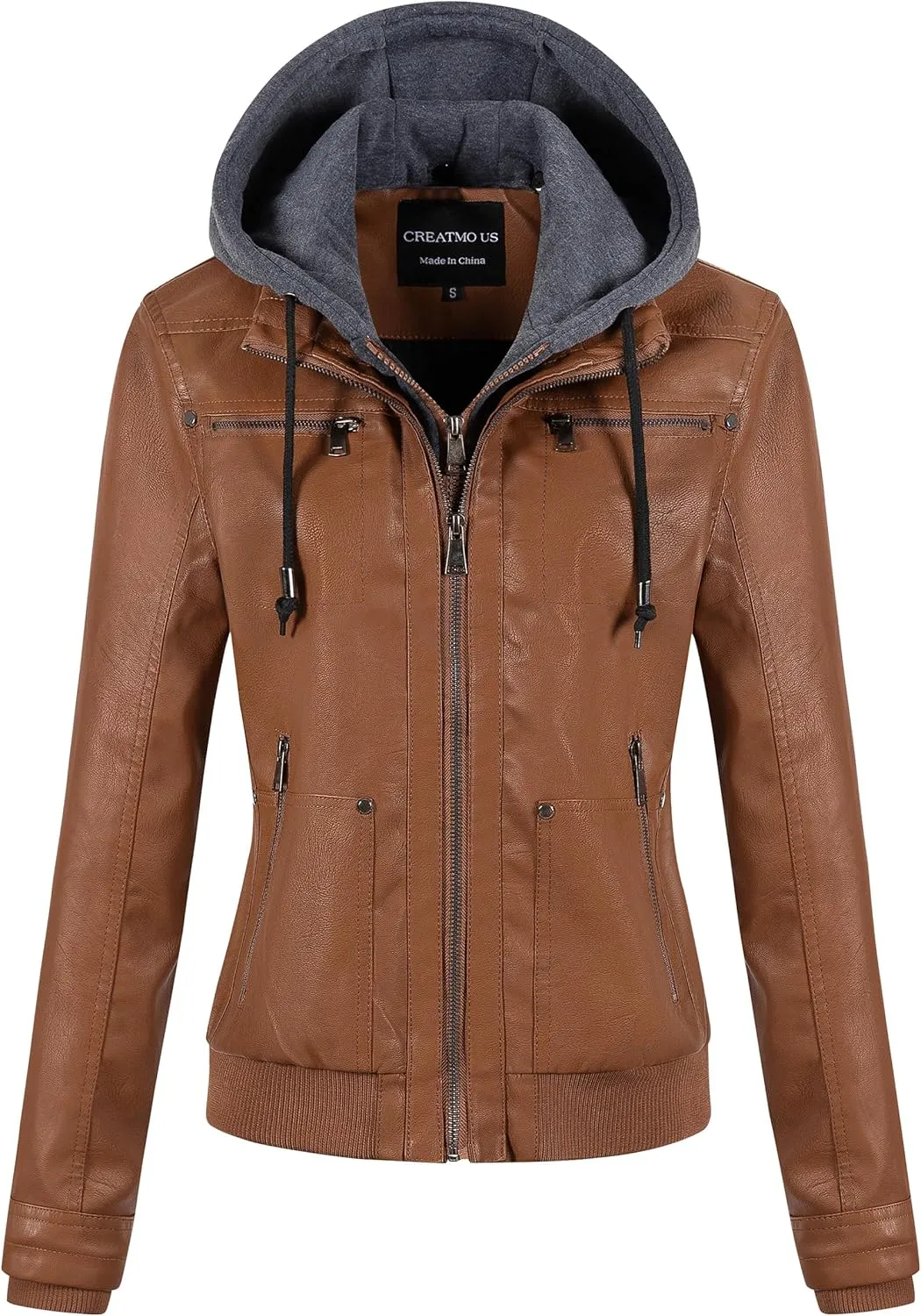 CREATMO US Women's Faux Leather Jacket Waterproof Motorcycle Bomber Jacket Vintage PU Moto Biker Coat With Removable Hood