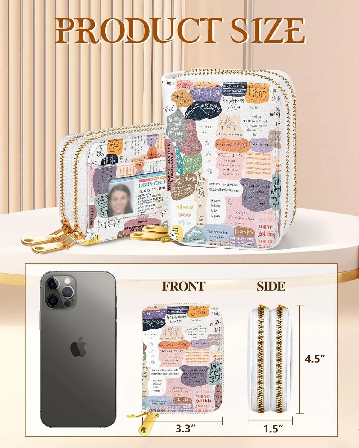 Credit Card Holder for Women - RFID Women Wallet Leather Card Wallet for Ladies Girls Female Aesthetic Cute Wallet with Card Slots Coin Cash Zipper Purse & ID Window, Collage Text