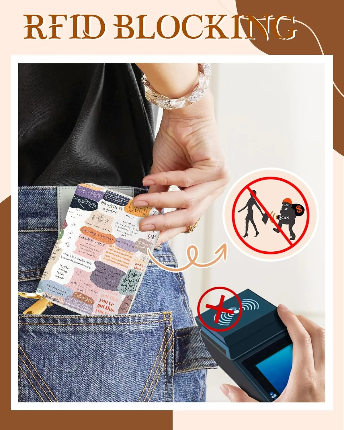 Credit Card Holder for Women - RFID Women Wallet Leather Card Wallet for Ladies Girls Female Aesthetic Cute Wallet with Card Slots Coin Cash Zipper Purse & ID Window, Collage Text