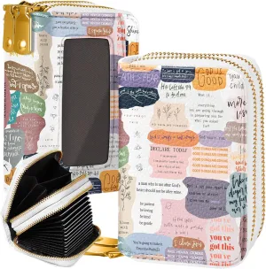 Credit Card Holder for Women - RFID Women Wallet Leather Card Wallet for Ladies Girls Female Aesthetic Cute Wallet with Card Slots Coin Cash Zipper Purse & ID Window, Collage Text