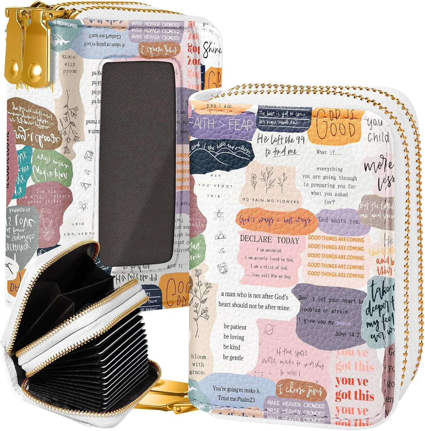 Credit Card Holder for Women - RFID Women Wallet Leather Card Wallet for Ladies Girls Female Aesthetic Cute Wallet with Card Slots Coin Cash Zipper Purse & ID Window, Collage Text