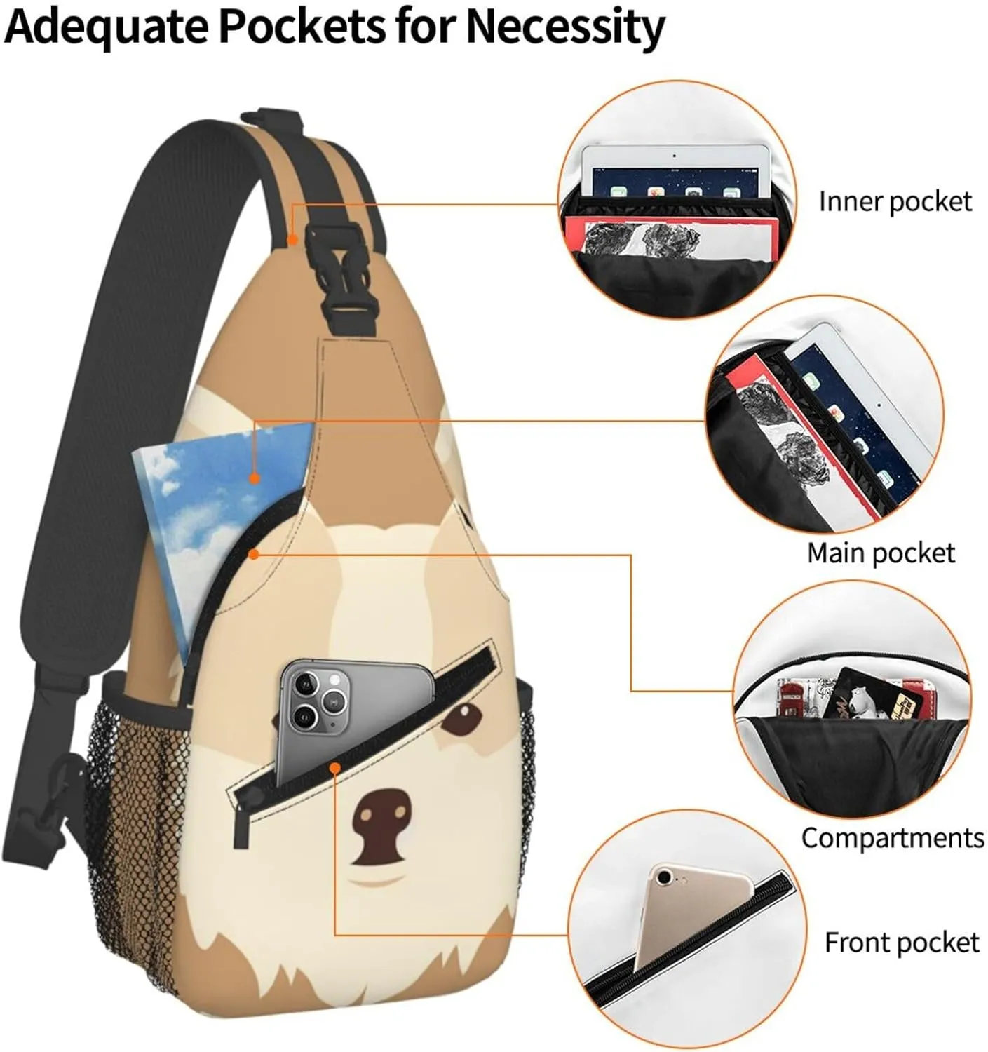 Crossbody Sling Backpack Sling Bag For Men Women Cross Chest Bag Shoulder Bag Cartoon Dog Face Travel Hiking Daypack