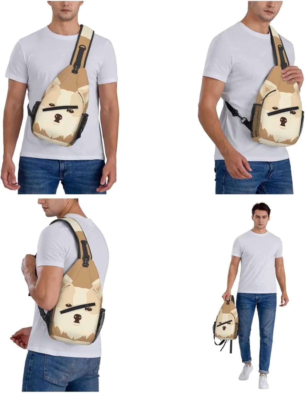 Crossbody Sling Backpack Sling Bag For Men Women Cross Chest Bag Shoulder Bag Cartoon Dog Face Travel Hiking Daypack