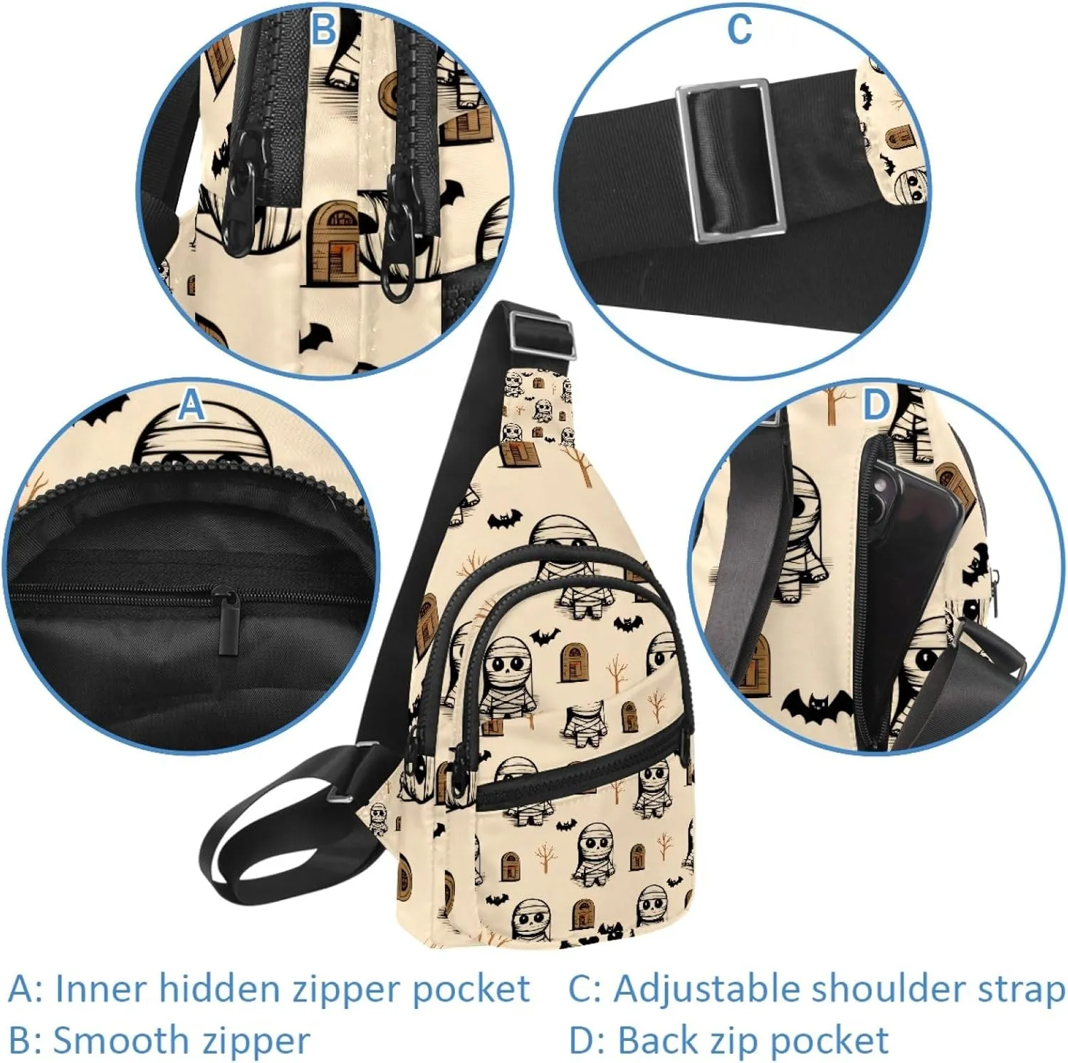 Crossbody Sling Backpack Sling Bag for Women Men, Tombstone Mummies Bat Fanny Packs Chest Bag for Running Hiking