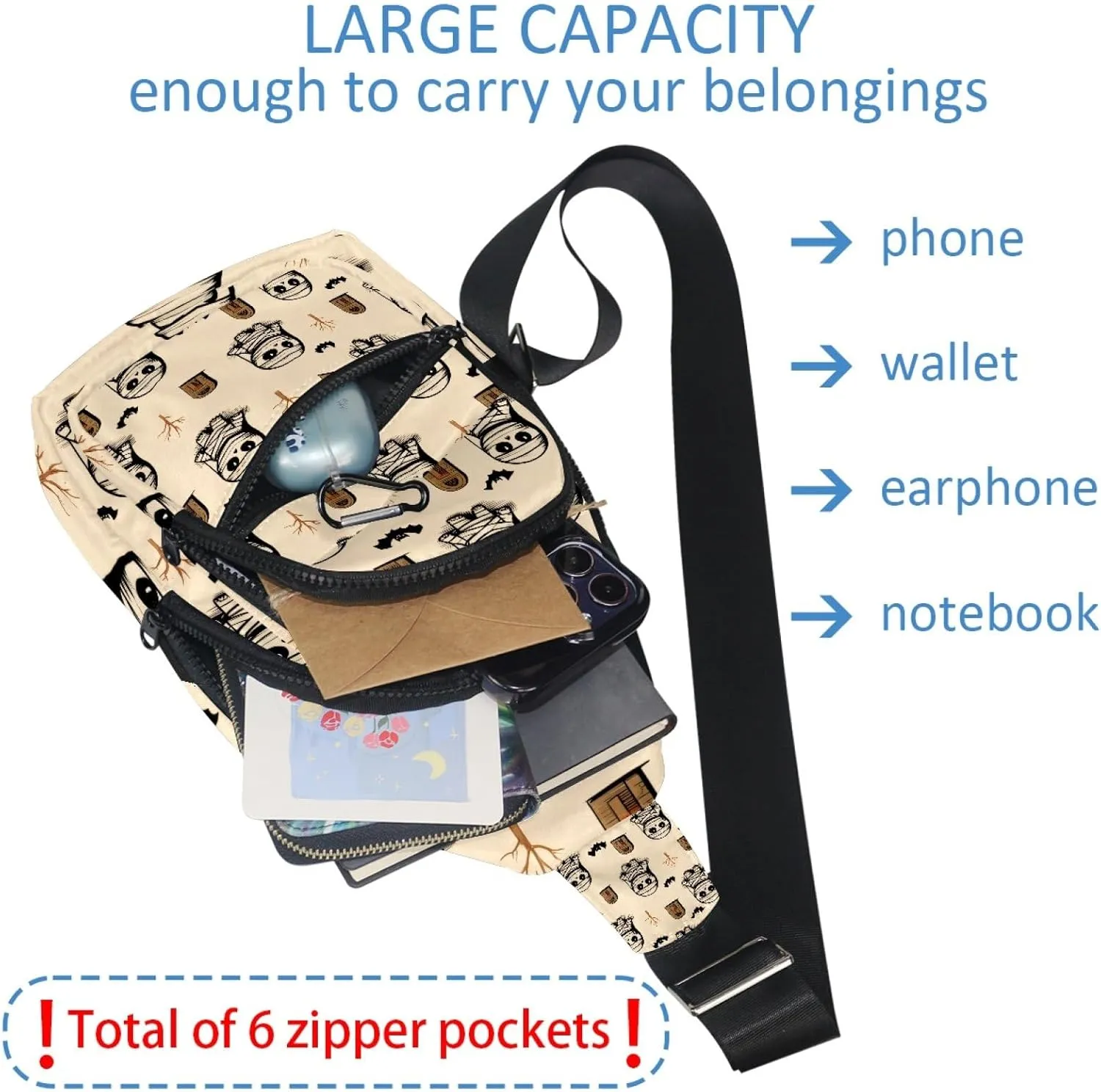 Crossbody Sling Backpack Sling Bag for Women Men, Tombstone Mummies Bat Fanny Packs Chest Bag for Running Hiking