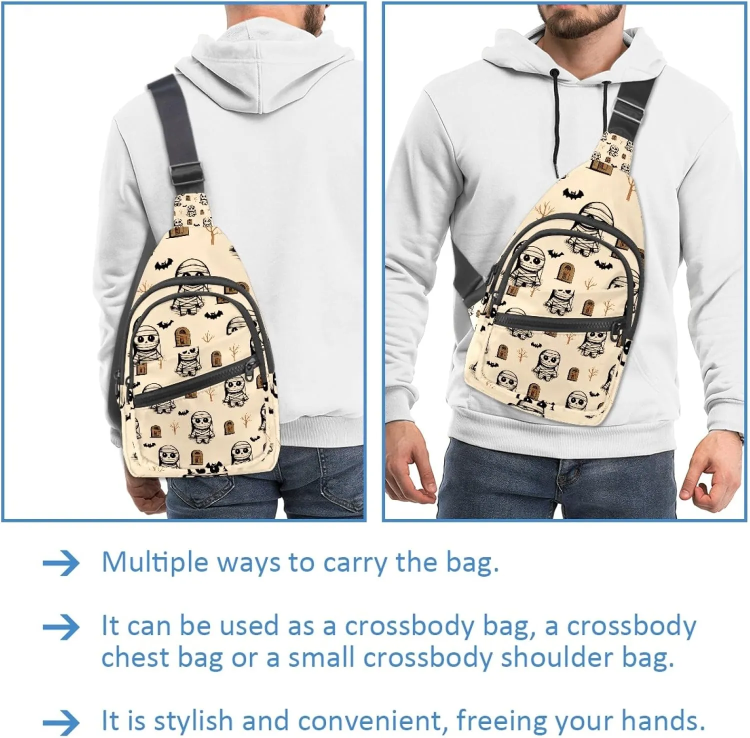 Crossbody Sling Backpack Sling Bag for Women Men, Tombstone Mummies Bat Fanny Packs Chest Bag for Running Hiking