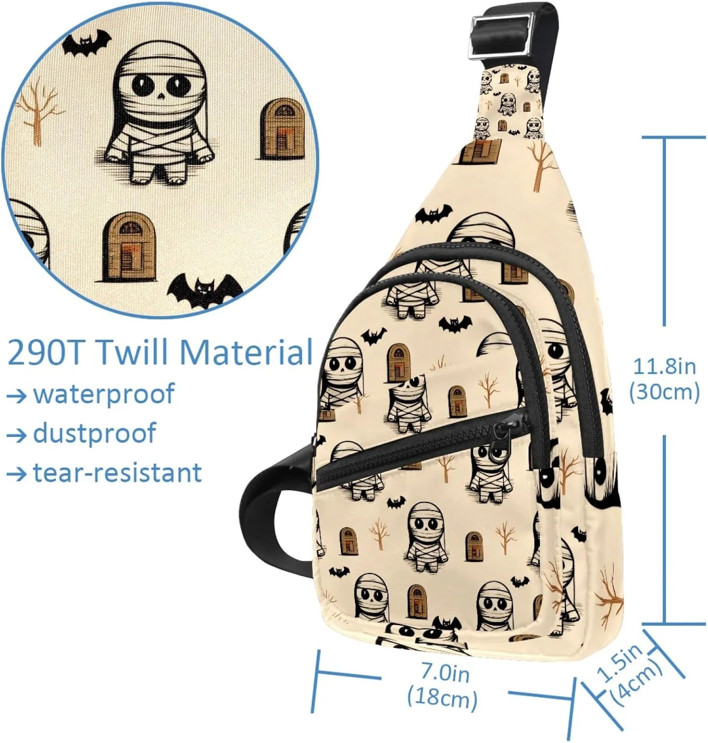 Crossbody Sling Backpack Sling Bag for Women Men, Tombstone Mummies Bat Fanny Packs Chest Bag for Running Hiking
