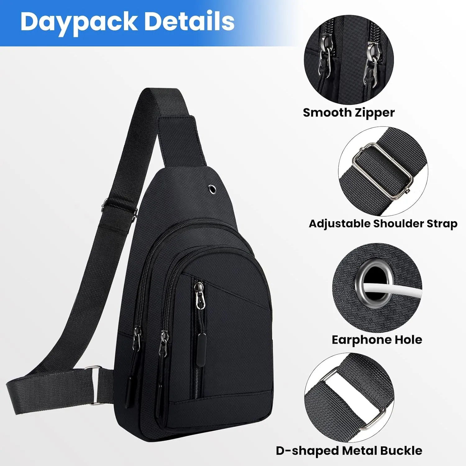 Crossbody Small Sling Bag for Women Men,Casual Lightweight Chest Pack Gym Athletic Backpack Multi Used Zipper Shoulder Daypack for Travel,Shopping,Hiking,Walking,Running,Biking,Black