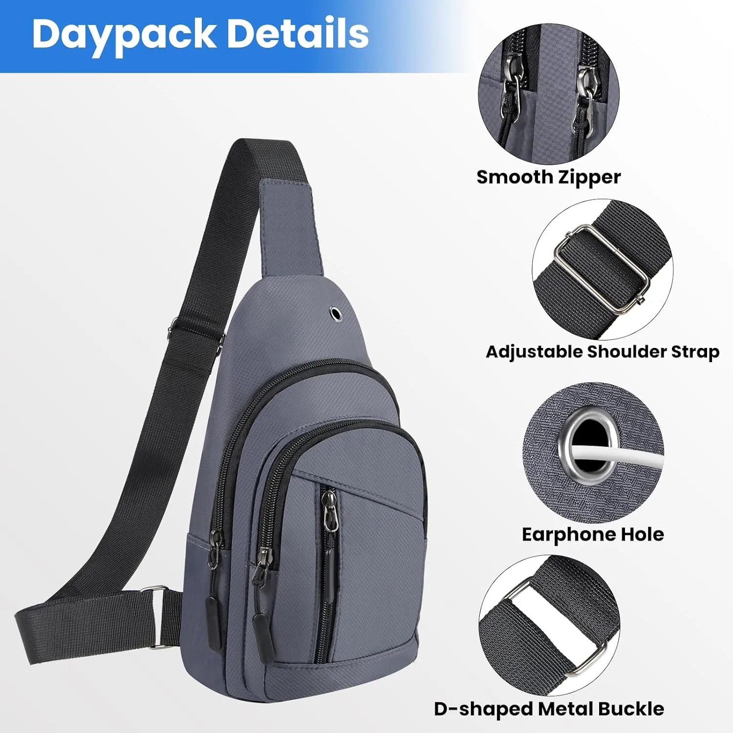 Crossbody Small Sling Bag for Women Men,Casual Lightweight Chest Pack Gym Athletic Backpack Multi Used Zipper Shoulder Daypack for Travel,Shopping,Hiking,Walking,Running,Biking,Grey