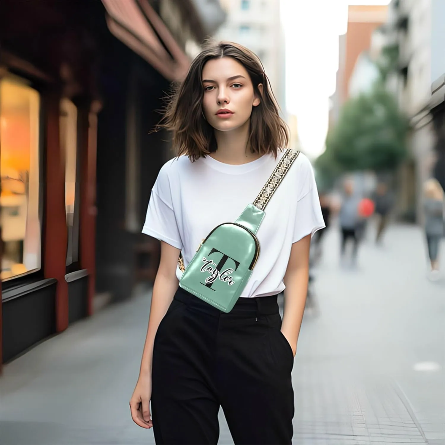 Custom Grass Green Sling Bag for Women Personalized Leather Crossbody Bags Cross Body Bag Fashionable Chest Bag with Adjustable Strap for Teen