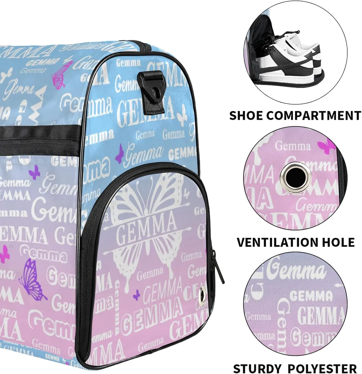Custom Sport Duffel Bag with Name Butterfly Travel Overnight Bag with Shoes Compartment for Women Men Waterproof Dance Ballet Bag Lightweight, Sky Blue Pink