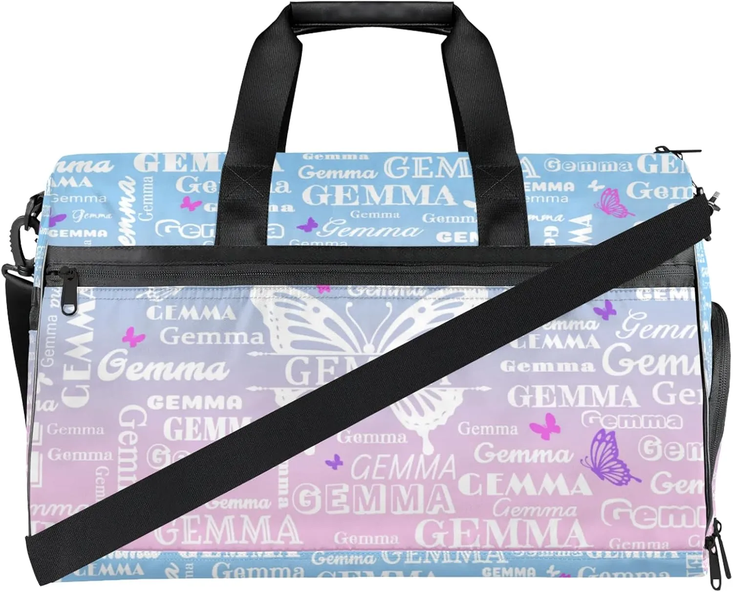 Custom Sport Duffel Bag with Name Butterfly Travel Overnight Bag with Shoes Compartment for Women Men Waterproof Dance Ballet Bag Lightweight, Sky Blue Pink