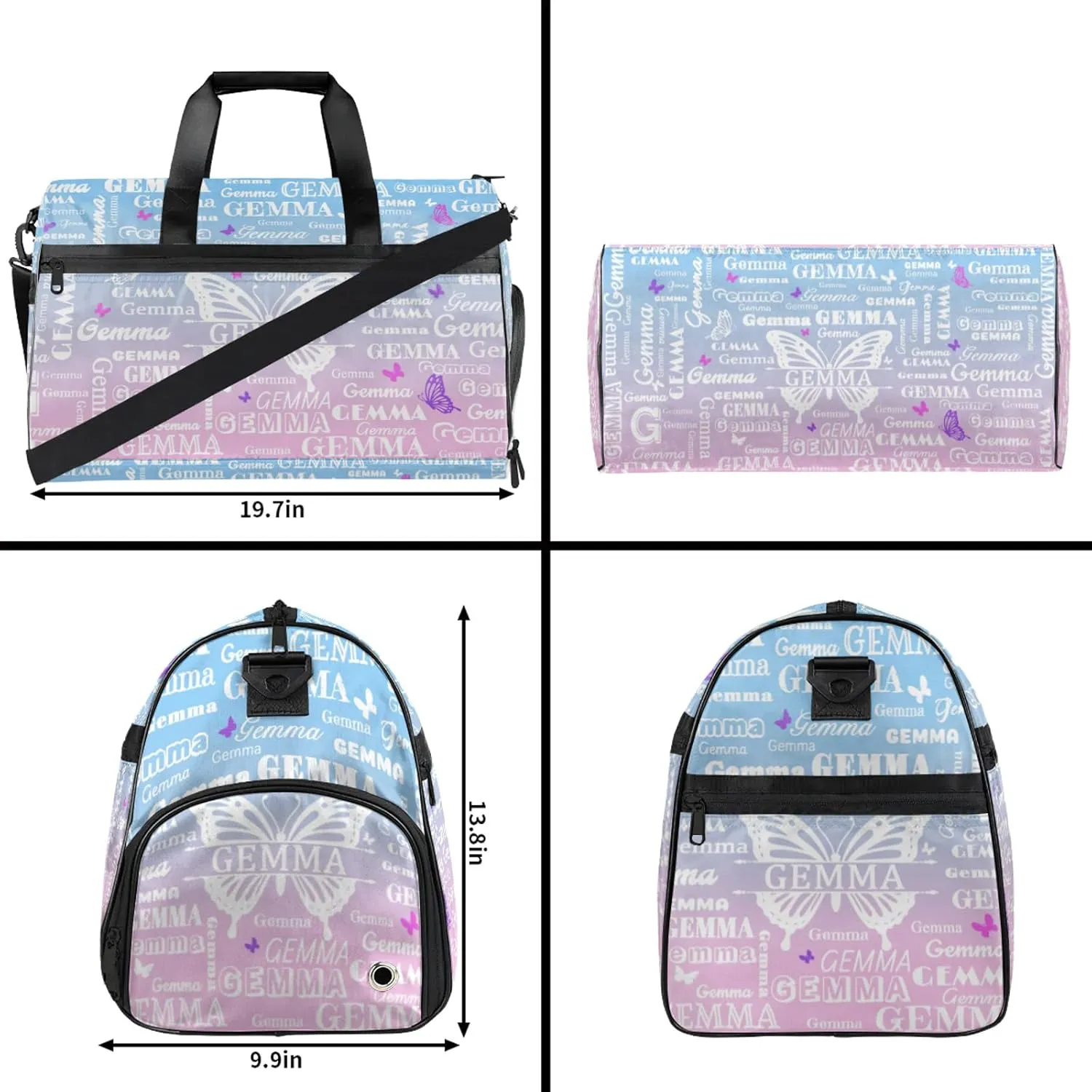 Custom Sport Duffel Bag with Name Butterfly Travel Overnight Bag with Shoes Compartment for Women Men Waterproof Dance Ballet Bag Lightweight, Sky Blue Pink
