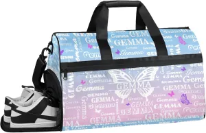 Custom Sport Duffel Bag with Name Butterfly Travel Overnight Bag with Shoes Compartment for Women Men Waterproof Dance Ballet Bag Lightweight, Sky Blue Pink