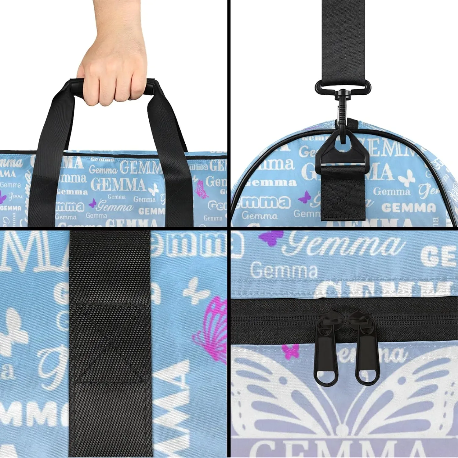 Custom Sport Duffel Bag with Name Butterfly Travel Overnight Bag with Shoes Compartment for Women Men Waterproof Dance Ballet Bag Lightweight, Sky Blue Pink