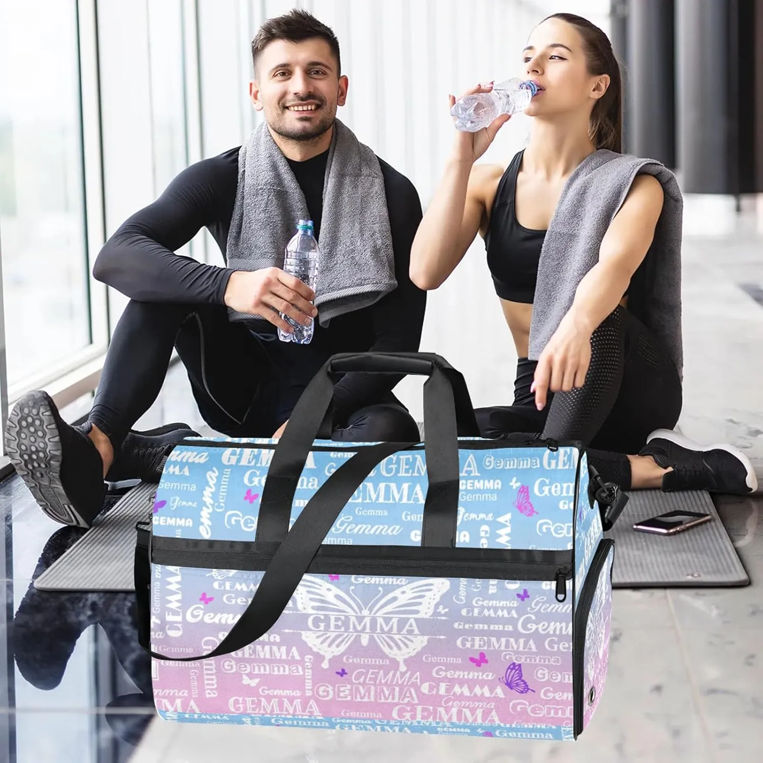 Custom Sport Duffel Bag with Name Butterfly Travel Overnight Bag with Shoes Compartment for Women Men Waterproof Dance Ballet Bag Lightweight, Sky Blue Pink