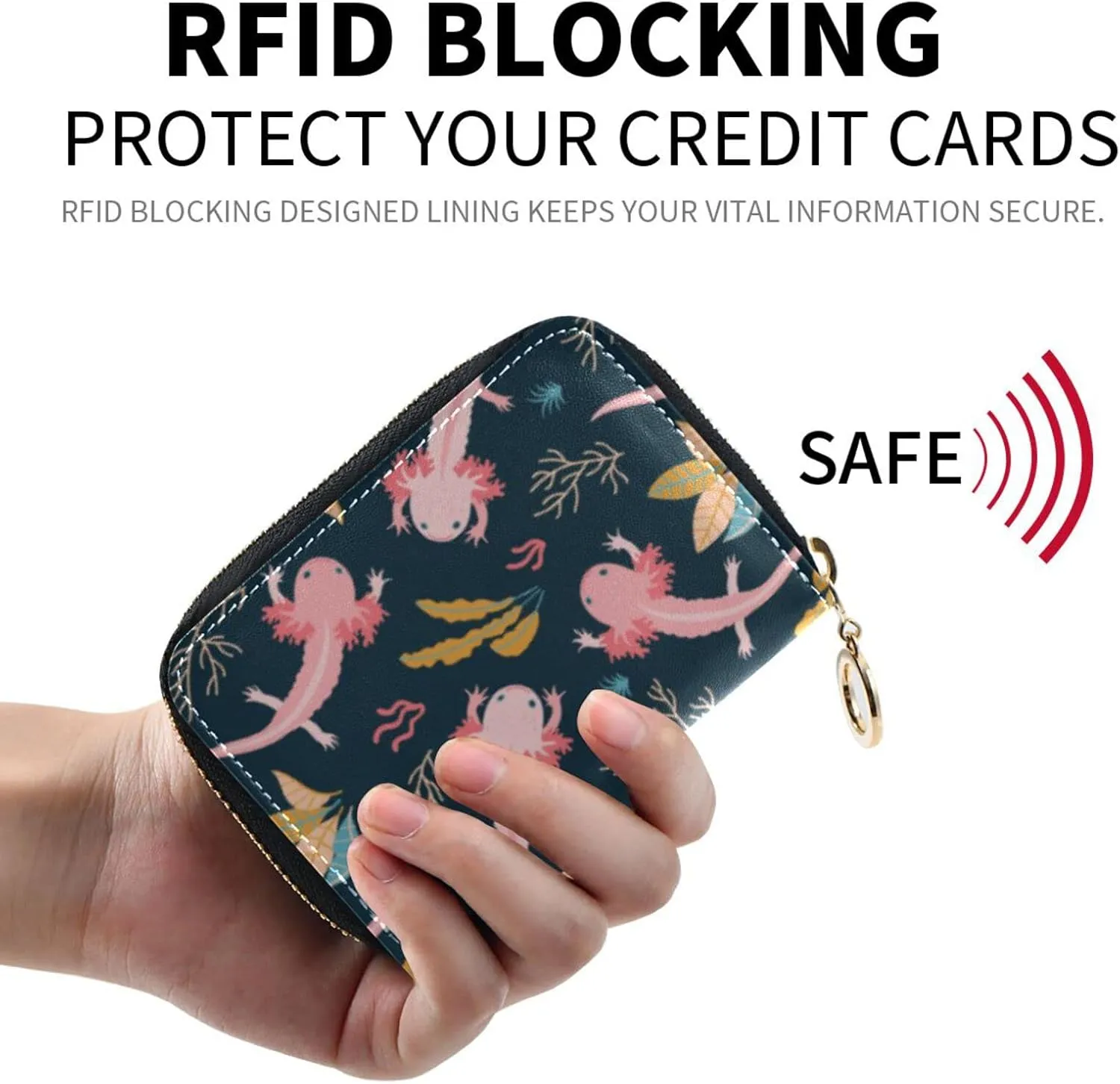 Cute Axolotl RFID Credit Card Holder Wallets Accordion for Women Leather Zipper Card Case Accordion Wallet for Ladies Girls