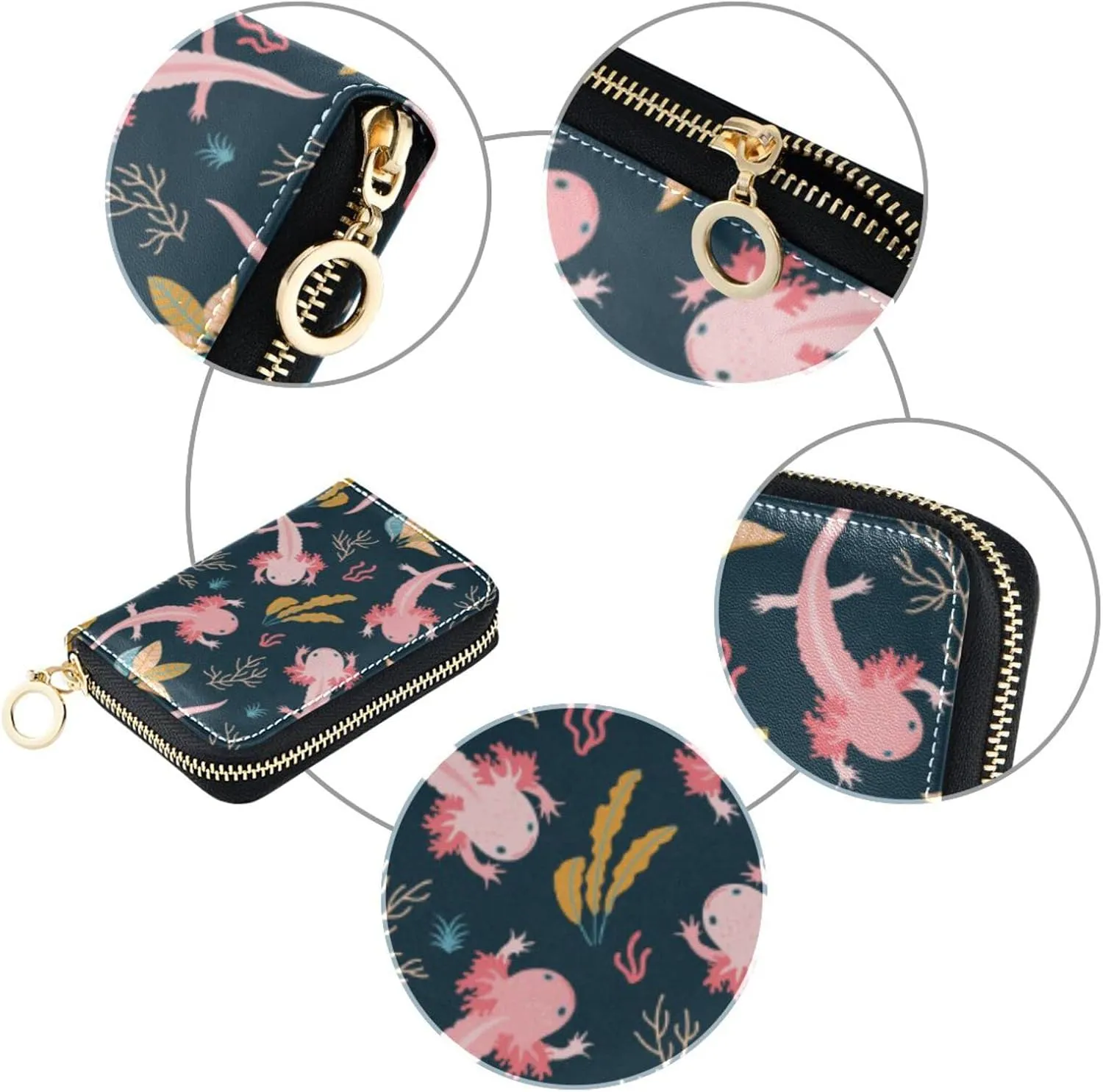 Cute Axolotl RFID Credit Card Holder Wallets Accordion for Women Leather Zipper Card Case Accordion Wallet for Ladies Girls
